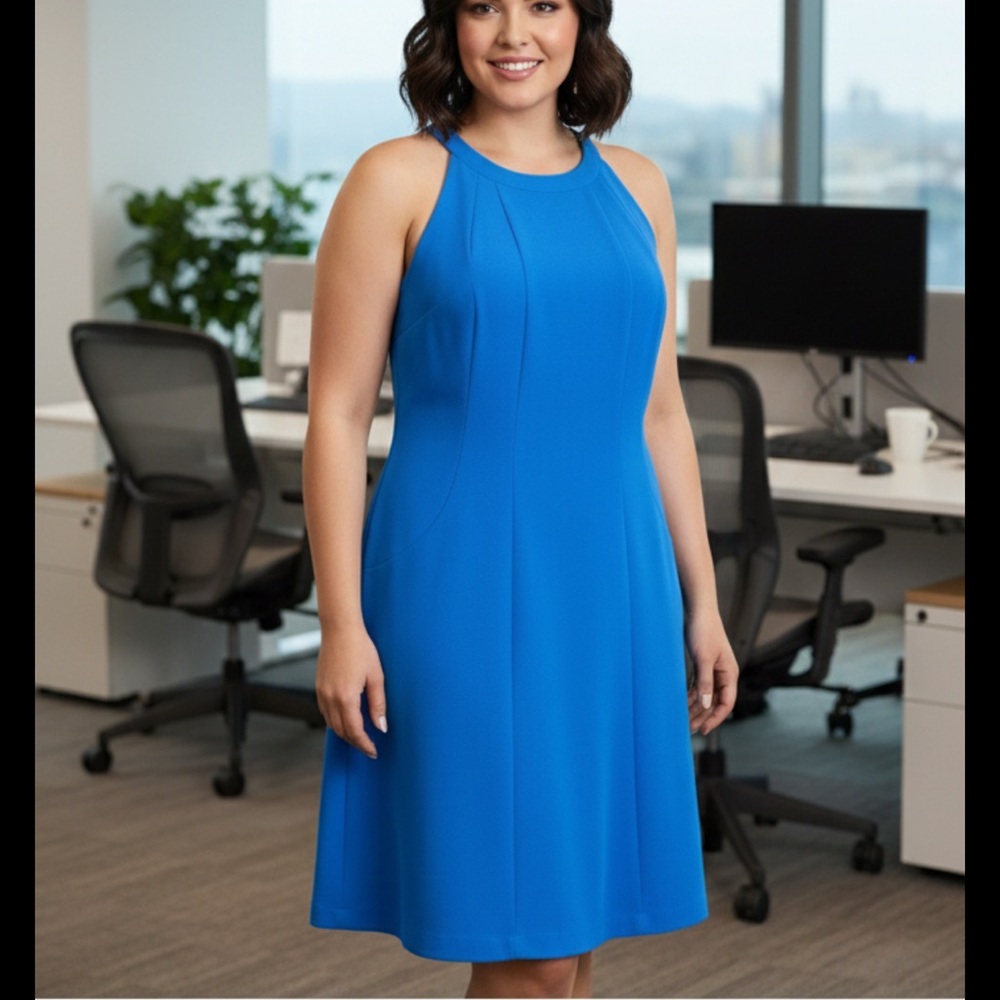 Marc New York Dress Halter A Line Retro Cottage Romantic Blue 14P Office Siren